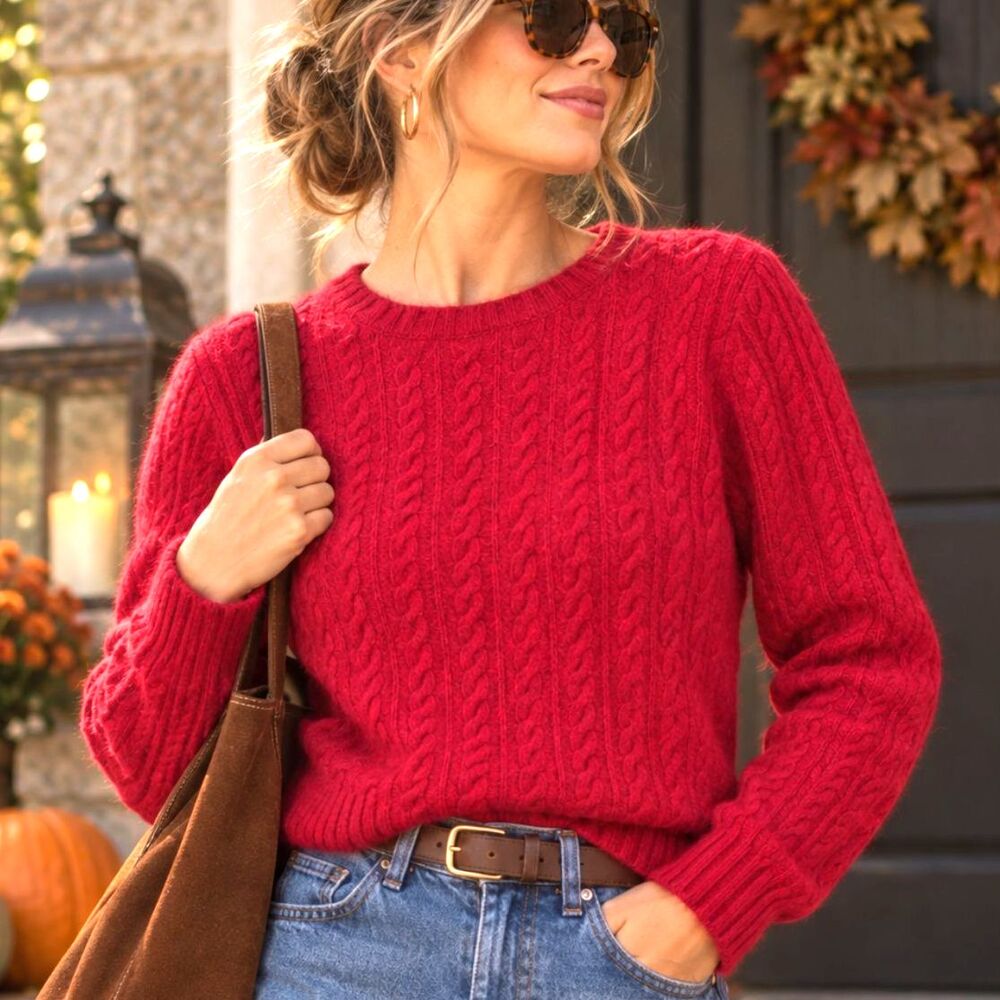 Vintage 90s Express Angora Cashmere Merino Wool Cable Knit Sweater Red Crew M